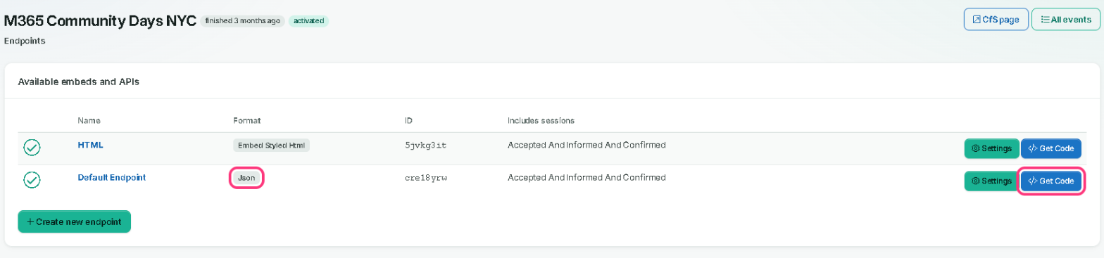 The endpoints list with the Json format and its Get Code button outlined