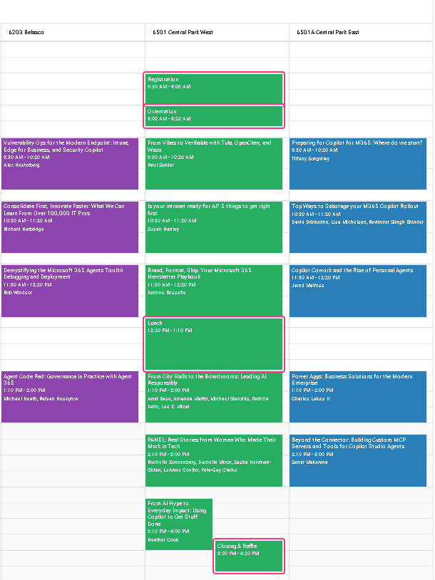 An event schedule with Registration, Orientation, Lunch and Closing & Raffle outlined