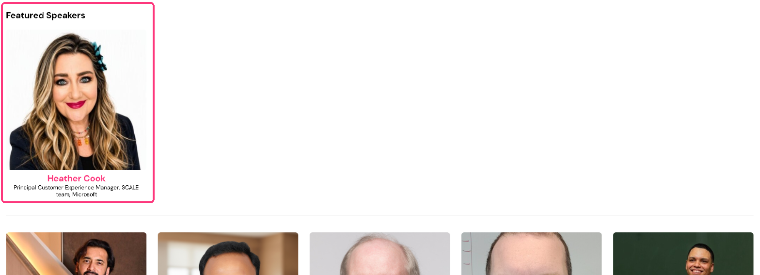 An event’s Speakers tab with the Featured Speakers group outlined above the other speakers