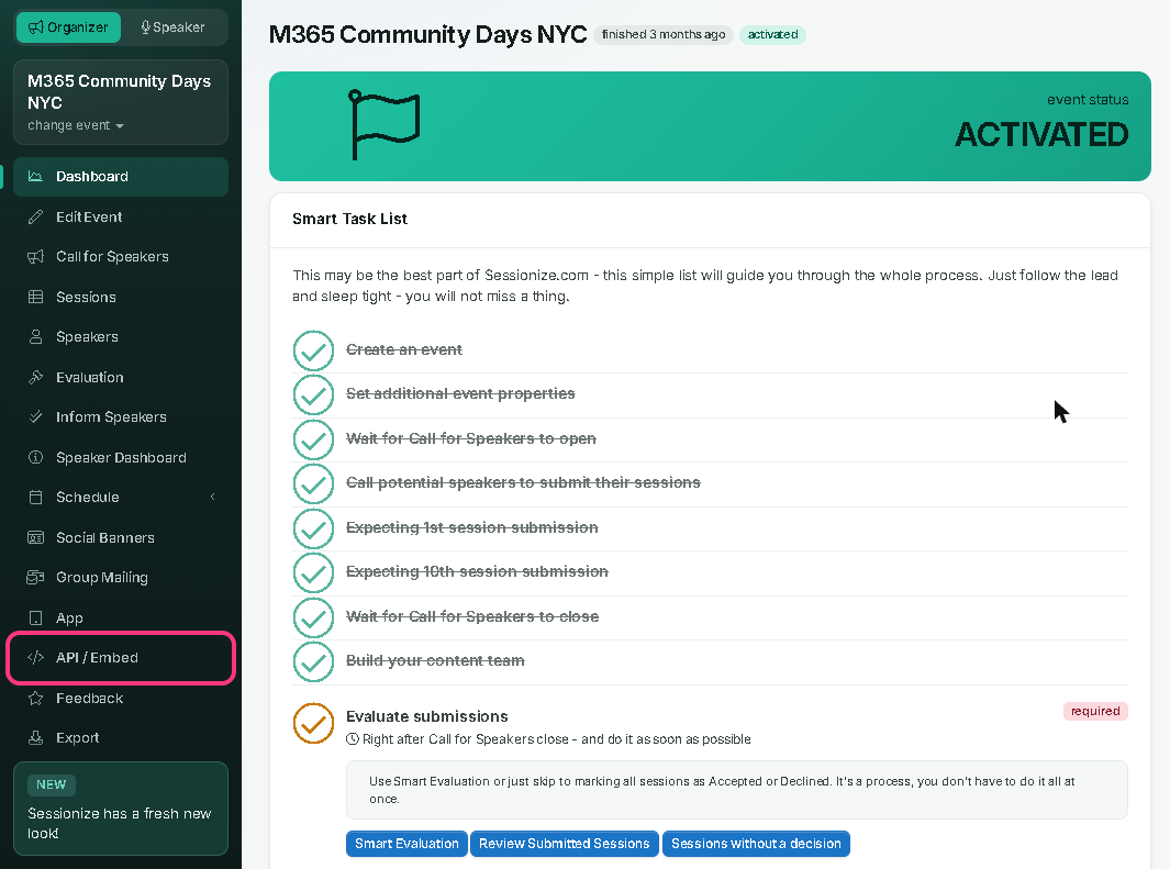 The Sessionize event menu with API / Embed outlined