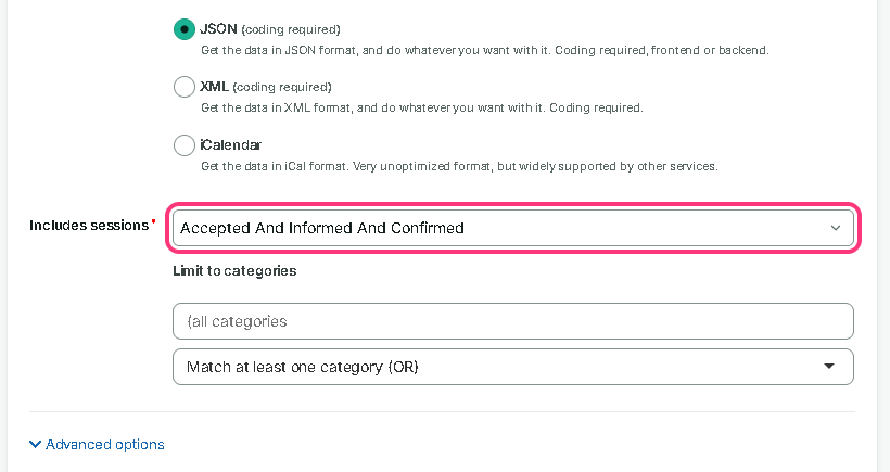 The Includes sessions setting, outlined, set to Accepted And Informed And Confirmed