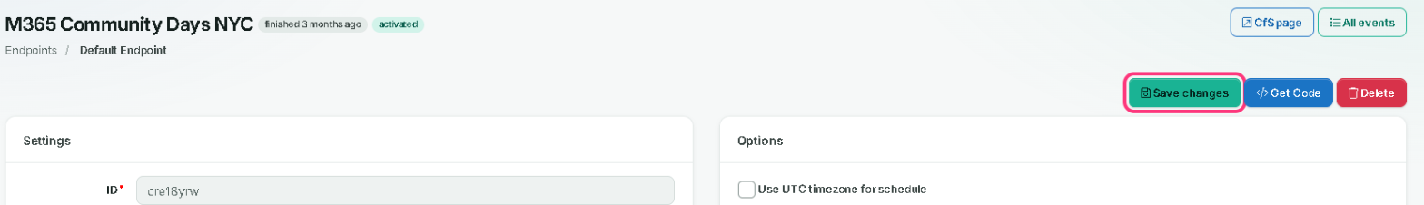 The Save changes button outlined at the top right of the endpoint settings